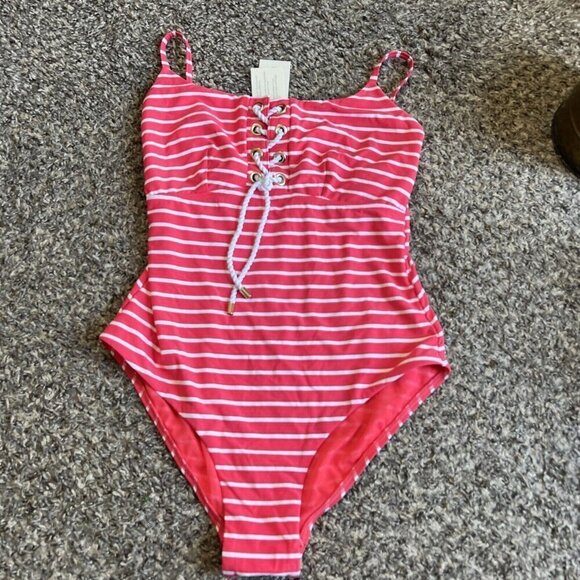 SEA LEVEL SWIM Chamarel Lace-Up Bralette One-Piece Swimsuit Coral Red US 6 New - Picture 3 of 8
